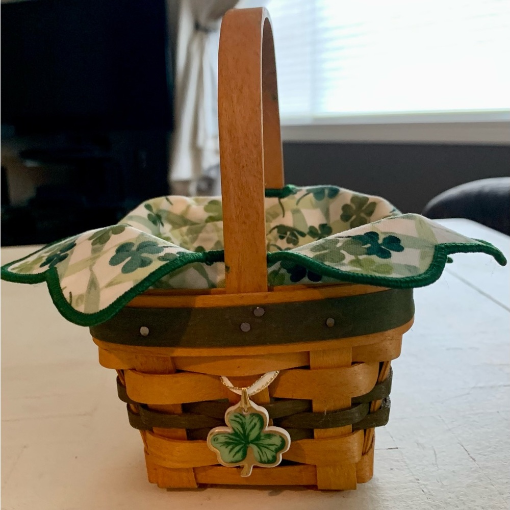 Longaberger Basket with Shamrock Charm, Plastic Protector & Fabric Liner